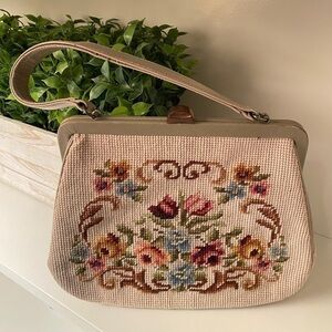 Switkes Vintage Needlepoint 50's 60's Floral Cream Handbag Purse w/Snap Closure